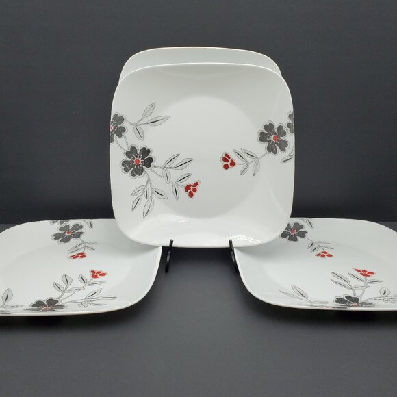 Corelle Mandarin Flower Dinner Plates Corning Red Black Flowers White Plates - Picture 11 of 11